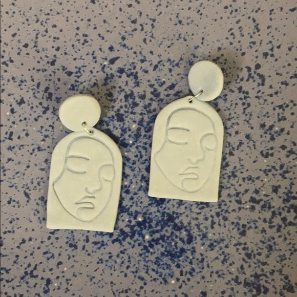 Handmade Abstract Woman’s Face Clay Earrings-Blue - Picture 7 of 11